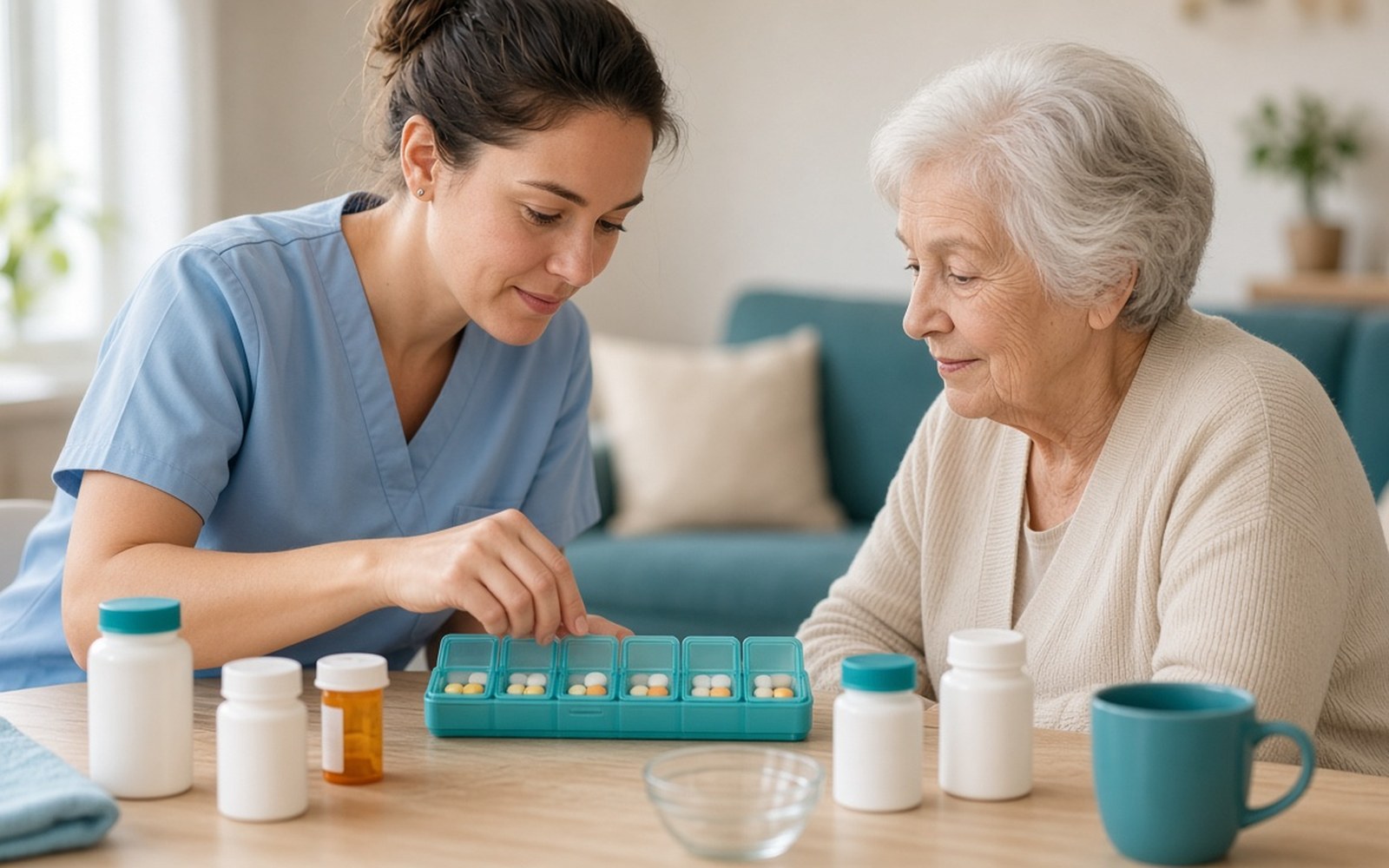Organização de medicamentos: caixas, alarmes e checklist do cuidador